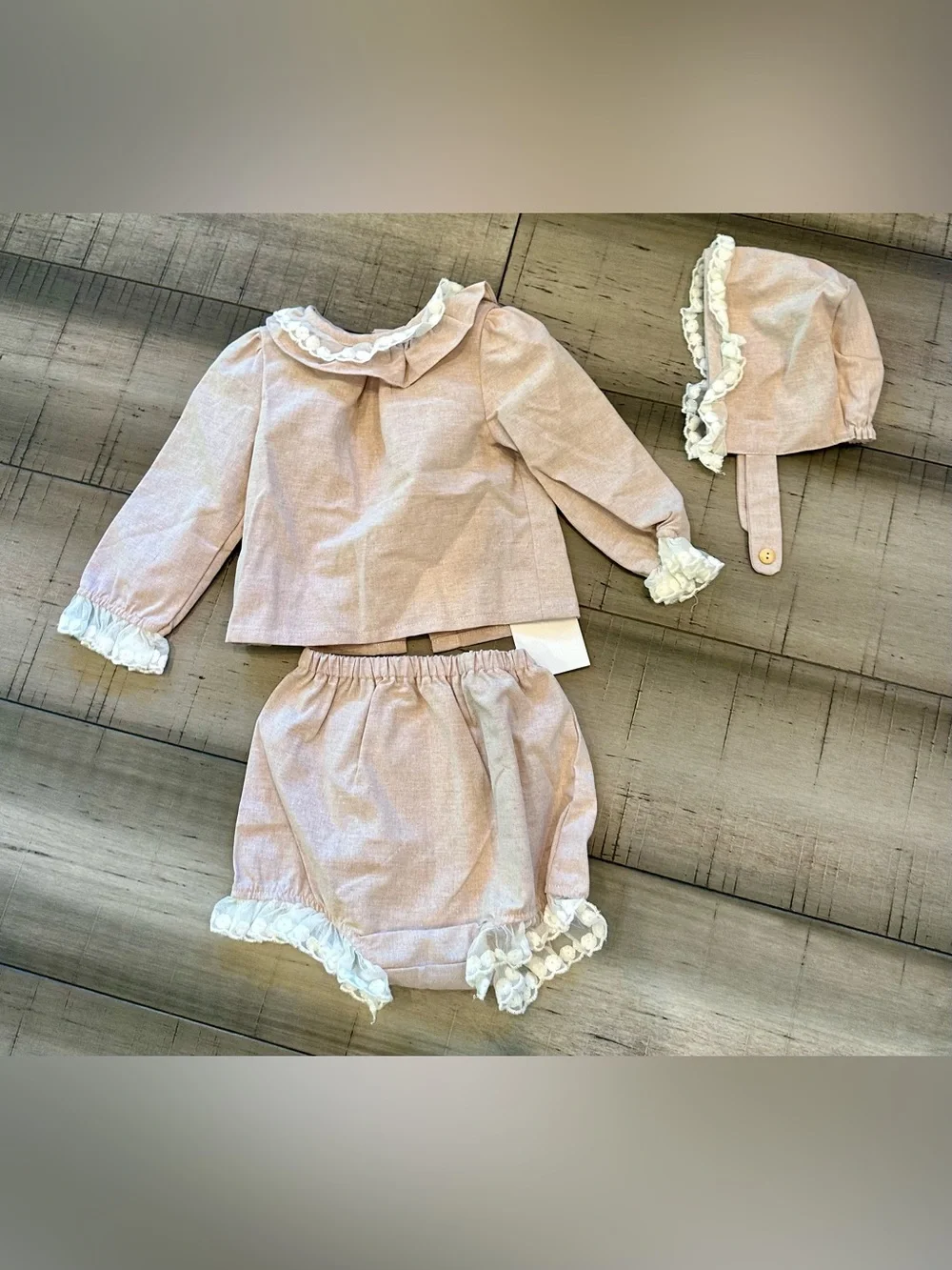 Baby Girls 3 Pc Outfit Set Pink Lace Bloomer Bonnet Top 6 Months Boutique Style